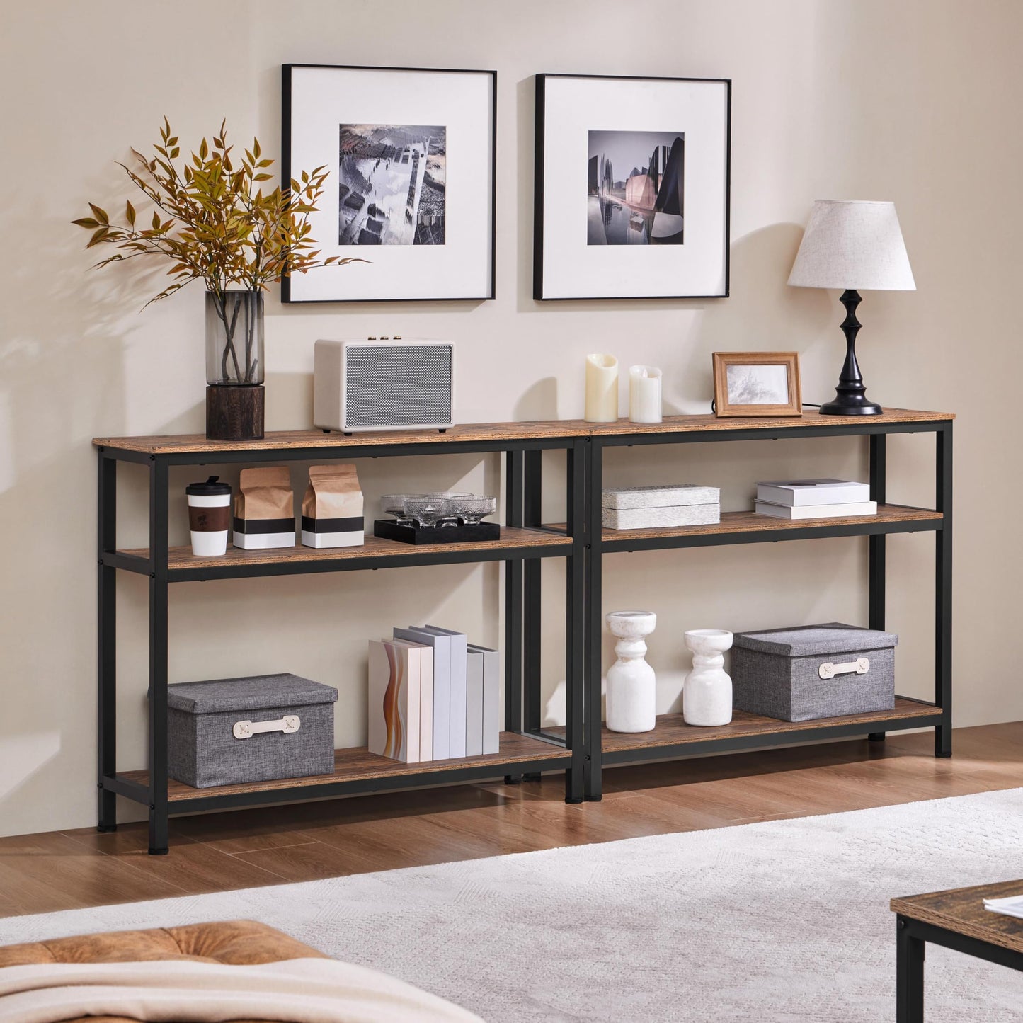 Yaheetech Industrial Console Table, 3 Tier Entryway Table with Storage Shelves, Narrow Sofa Tables for Living Room, Foyer, Hallway, Entrance, Metal Frame, Rustic Brown
