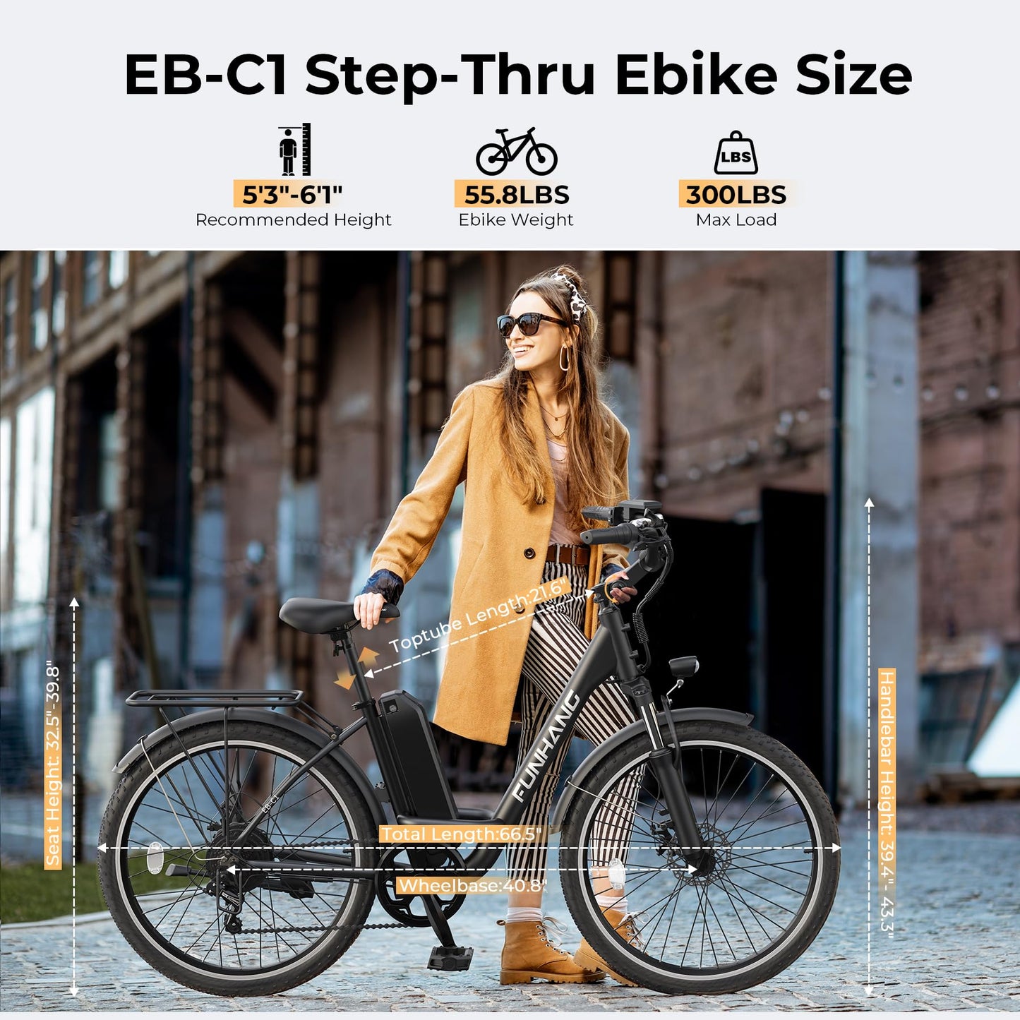 Funhang Electric Bike for Adults, 1000W Peak Ebike, 21.7MPH 50Miles City Cruiser Ebikes, 26" Step Thru Electric Bicycle with 48V Removable Battery, Adjustable Stem, Rear Rack, Front Suspension,7 Speed