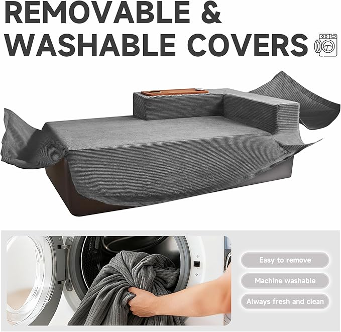 Modular Sectional Sofa Cloud Couch with Multi-Functional Armrests, Boneless Plush L-Shape Living Room Couch with Deep Seat, Fluffy Comfy Sleeper Sofa Easy Assembly (Gray, Right Chaise)