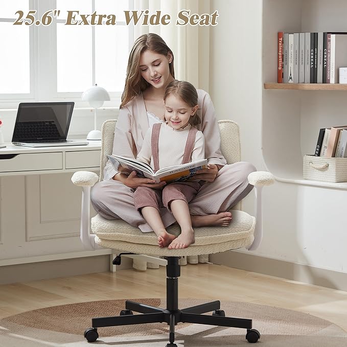 Kassipo Criss Cross Legged Office Chair with Wheels and Flip-Up Arms, Upholstered Criss Cross Desk Chair, Wide Seat Chairs for Home Office, Vanity, Apartment, Beige