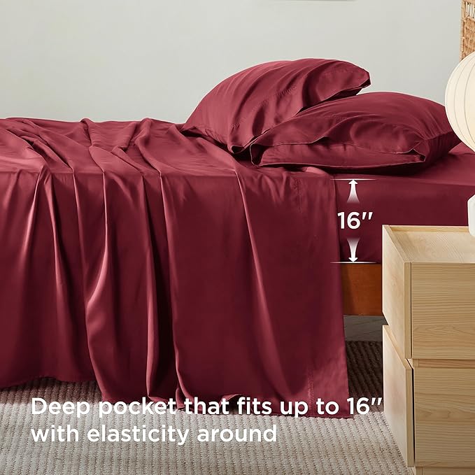 Bedsure Full Size Bed Sheets, Cooling Sheets, Rayon Derived from Bamboo, Breathable & Soft, Deep Pocket Up to 16 Inches, Hotel Luxury Silky Bedding for Hot Sleepers, Burgundy