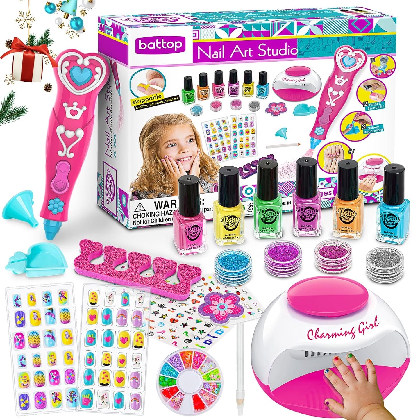 BATTOP Kids Nail Polish Set for Girls, Nail Art Kits with Nail Dryer & Glitter Pen, Quick Dry & Peel Off & Non-Toxic Nail Polish, Christmas Birthday Gifts for Girls Ages 6 7 8 9 10 11 12