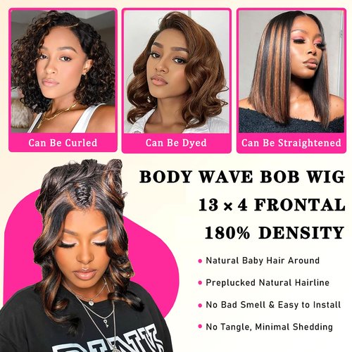 Tealoves 13x4 Body Wave Lace Front Wigs Human Hair Highlight 180 Density 1B/30 Ombre Bob Wig Human Hair Pre Plucked Glueless Balayage Lace Frontal Wigs for Women 12inch