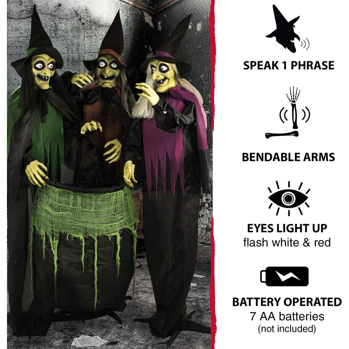Haunted Hill Farm Life-Size Scary Talking 3 Witches with Cauldron Halloween Animatronic, Indoor or Covered Outdoor Poseable Halloween Decorations with Light up Eyes and Sound, Battery Operated