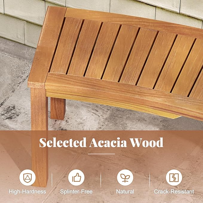 Tangkula Outdoor Curved Bench, Acacia Wood Fire Pit Bench w/Slatted Seat, Patio Backless 2-Person Seating for Porch, Yard, Garden, 800 LBS Max Load, Oil Painted (2, 58")
