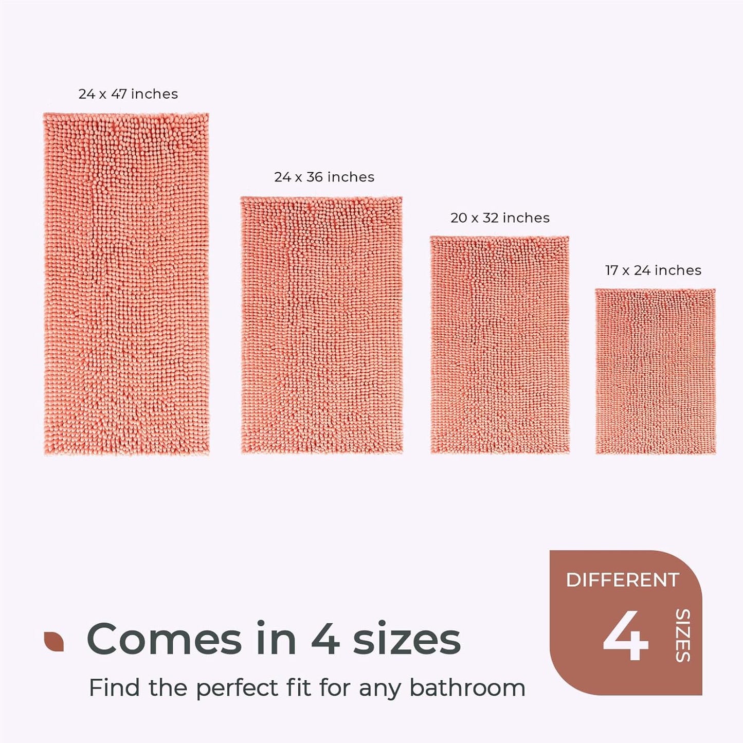 FRESHMINT Large Chenille Bathroom Rugs Mat 47"x24", Non-Slip Bath Mat for Bathroom Floor & Bathtub, Washable Shower Shag Bath Rugs, Soft Thick Water Absorbent Microfiber Shower Mat, Coral