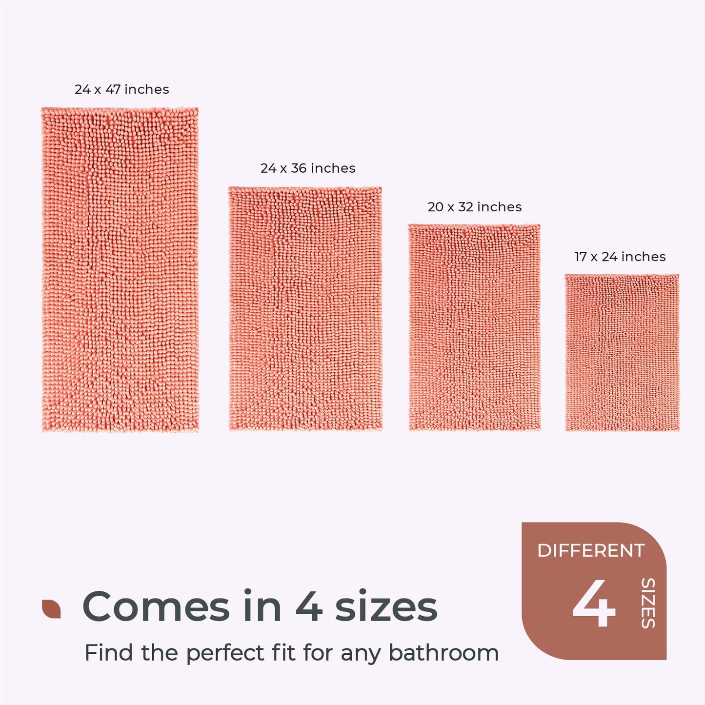 FRESHMINT Chenille Bathroom Rugs Mat 24"x17",Non-Slip Bath Mat for Bathroom Floor & Bathtub, Washable Soft Shower Shag Bath Rugs, Durable Fluffy Thick Water Absorbent Microfiber Shower Mat, Coral