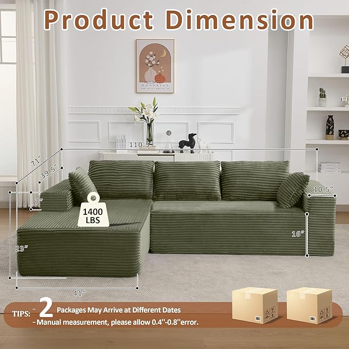 WUTUTUEE Boneless L Shaped Sofa with Chaise Lounge, Green Corduroy