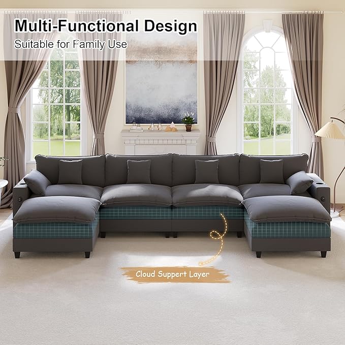 KCGKCG 152" Modular Sectional Sofa, U Shaped Cloud Couch with Movable Ottoman, Chenille Deep Seat Cloud Sofa with Charging Station, Cup Holder, Side Pocket, Sectional Couches for Living Room, Grey