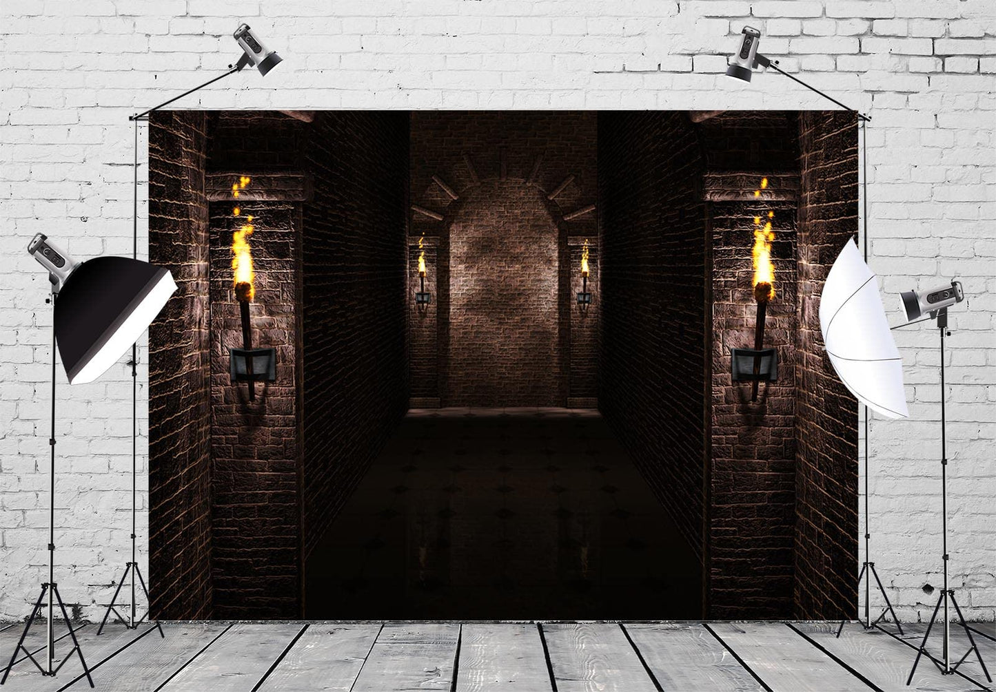 BELECO 7x5ft Fabric Gothic Castle Backdrop Ancient Black Brick Stone Wall Arches Torches Dungeon Medieval Castle Scene Halloween Night Background Medieval Party Decorations Studio Booth Photo Props