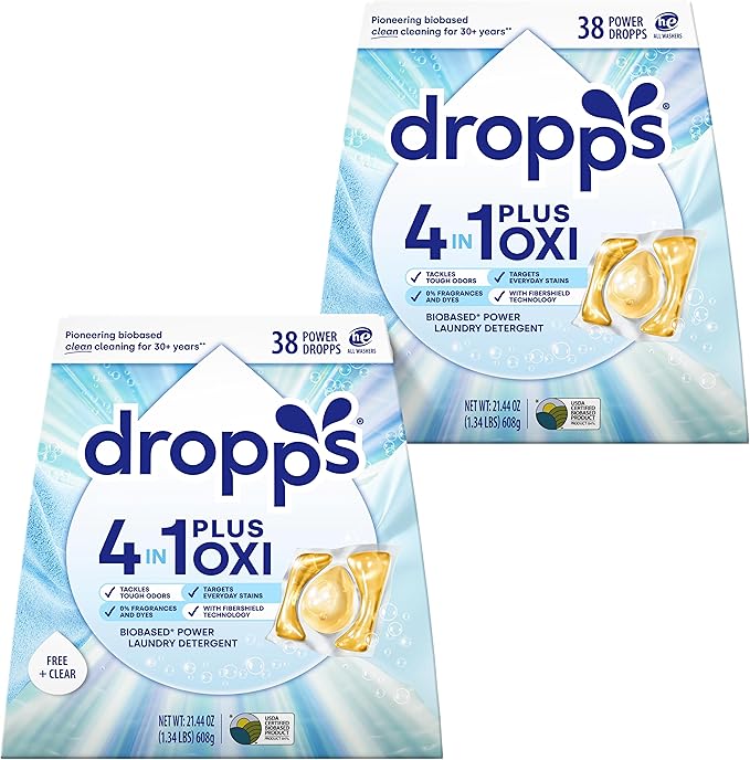 Dropps 4-in-1 Plus Oxi Free & Clear Power Biobased Laundry Detergent Pods, Unscented (76 Pods) - Chlorine-Free Bleach Alternative Biobased Laundry Whitener, Stain & Odor Remover