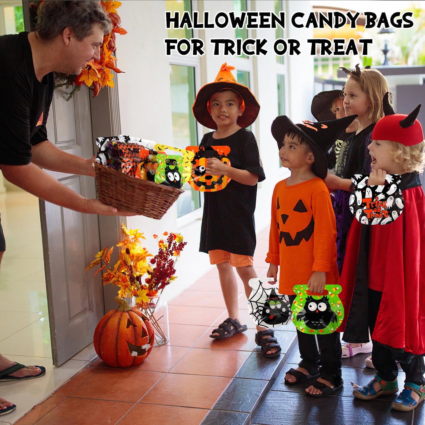 POPGIFTU 56 Pcs Halloween Goodie Bags with Handles - 8 Designs Resealable Treat Pouches for Candy, Snacks, Cookies, Bulk Trick or Treat Bags for Kids Party Favors & Classroom Halloween Supplies
