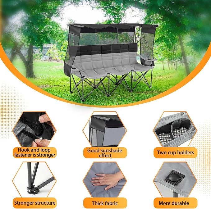 Teenyyou 3 Person Camping Chair with Canopy Shade Fully Padded Folding Outdoor Oversized Sofa, Heavy Duty Couch with Cup Holder and Carry Bag (Black and Grey,3 Person,Canopy Camp Chair)