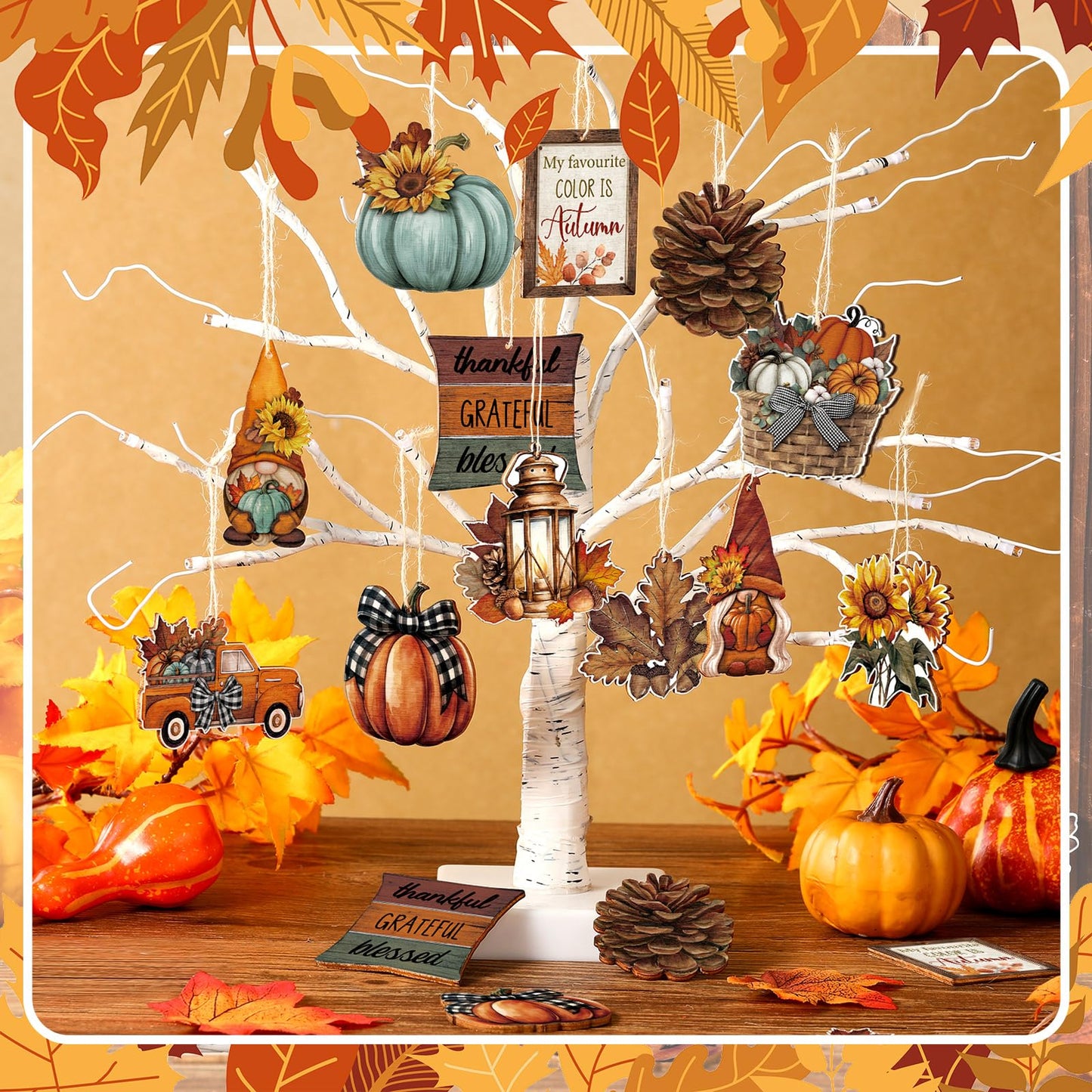 FairySandy 36 Pcs Fall Ornaments for Tree Fall Thanksgiving Tree Decorations Gnomes Wooden Hanging Ornaments Pumpkins Leaves Flowers Cutouts Autumn Decorations for Holiday Party Supply(Classic Style)