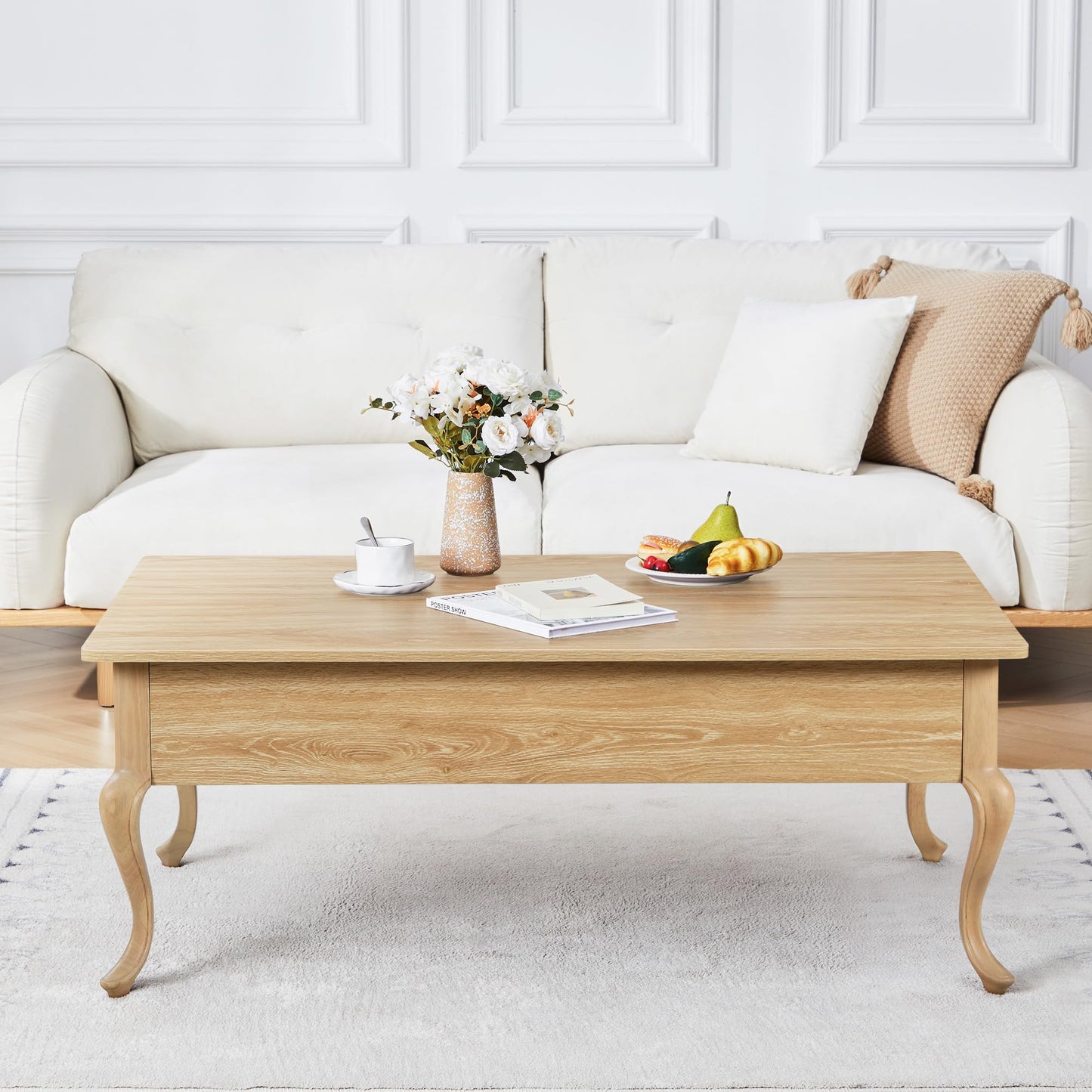 QEIUZON Lift Top Coffee Table, Farmhouse Coffee Table with Hidden Storage, Wood Center Table Dining Table for Living Room, Apartment, Home Office (Natural)