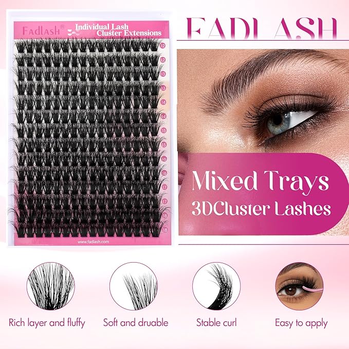 FADLASH Lash Clusters Thick Lash Extension Clusters 100D Individual Lashes 12-18mm Cluster Lashes D Curl Large Tray Eyelash Clusters 3D Effect Reusable (100D-07D-12-18mm)