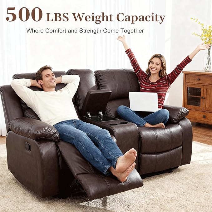Saxum Tegmen Living Room Furniture Sets, Leather Recliner Sofa, Sectional Loveseat Couch with Cup Holders, 1 Piece Furniture Set for Living Room/RV/Office (Loveseat, Brown Leather)