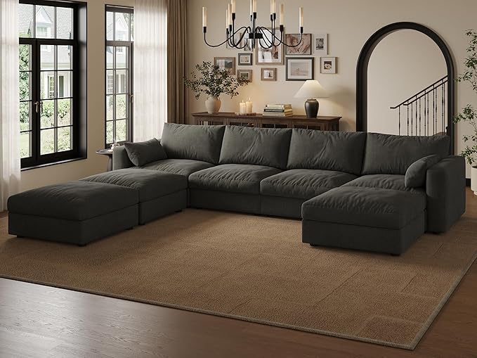Cloud Modular Sectional Sofa Couch with Storage Ottoman, 128" Oversized Sectional Couches for Living Room, Cloud Modular U-Shaped Sofa with Chaise, 7 Seater, Chenille, Light Gray