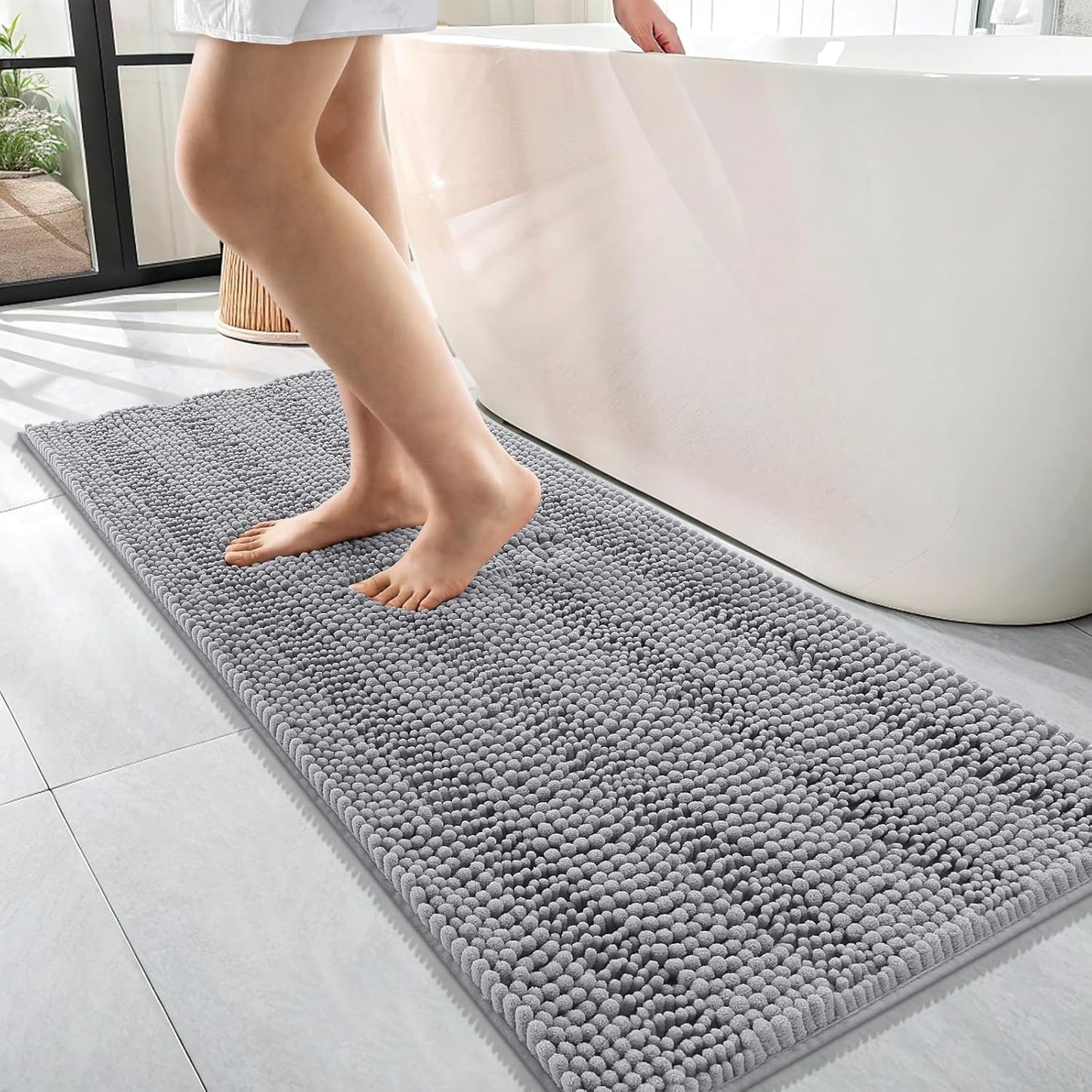 OLANLY Thick Bathroom Rugs 47x17, Extra Soft Absorbent Chenille Striped Bath Rugs, Rubber Backing, Machine Wash Dry, Bath Mats for Bathroom Floor, Tub and Shower, Home Decor Accessories, Grey