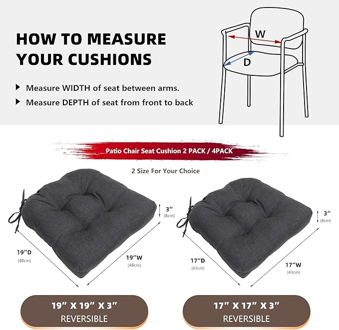 RACE LEAF 4 Pack Patio Chair Cushions 19x19 Inch, Thickened Waterproof Cushions with Stain Resistant Cover and Non-Slip Ties for Patio Furniture (Gray)