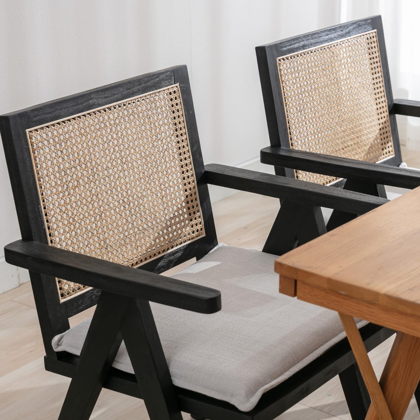 ChicAura Farmhouse Rattan Dining Chairs Set of 4, Modern Upholstered Dining Chairs Cane Back Country Kitchen Chairs with Arms Comfy French Country Linen Side Chairs for Kitchen Dining Room, Black Wood