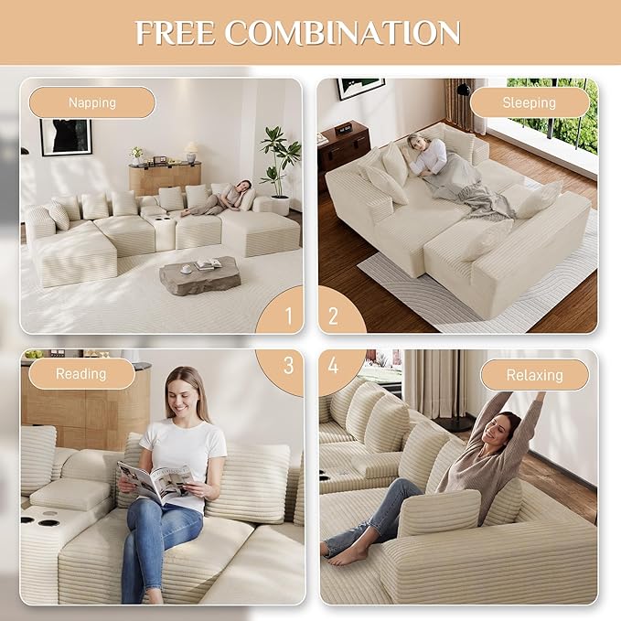 Modular Sectional Sofa with USB Cup Holders Storage, 143" U Shaped Cloud Couch Plush Corduroy Deep Seat Boneless Sofas with Double Chaise Lounge Memory Foam Couches for Living Room - Beige White