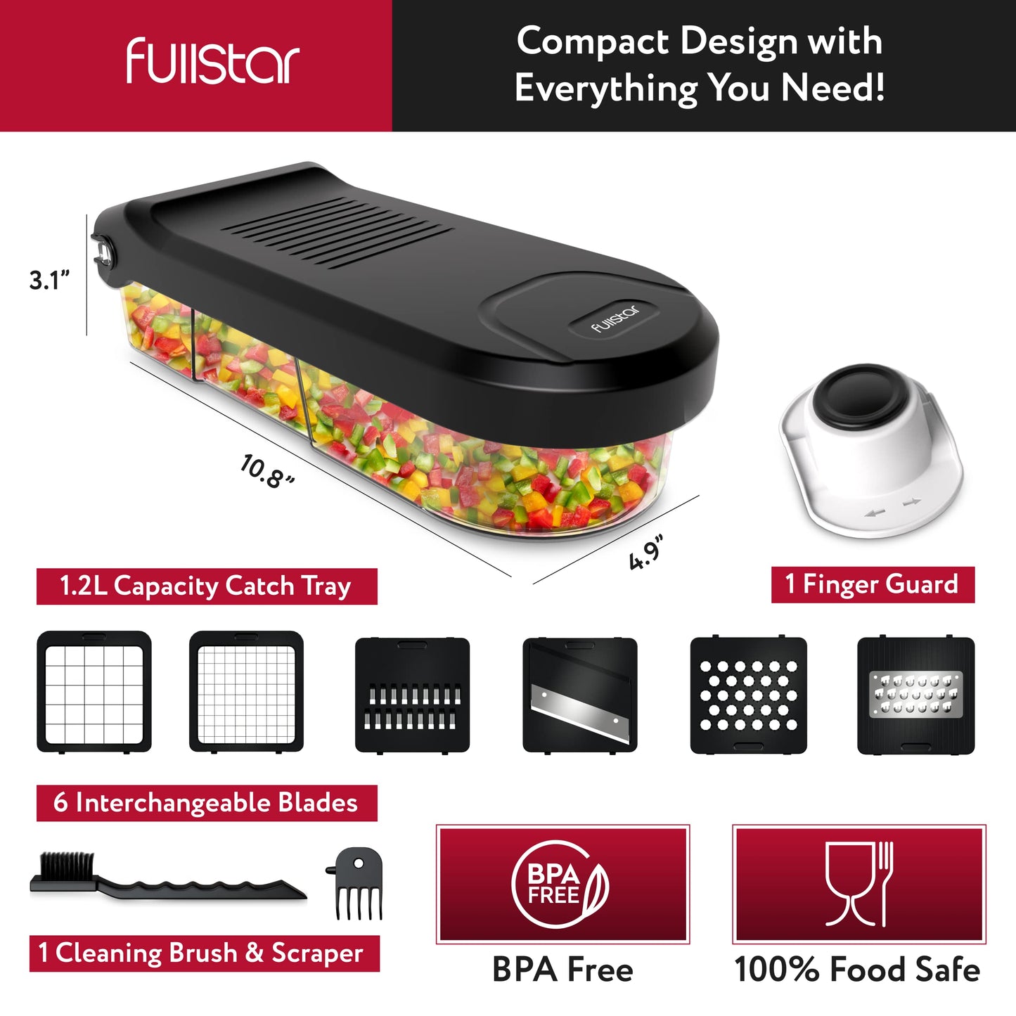 Fullstar Mandoline Slicer for Kitchen - Vegetable Chopper, Onion Potato Food Veggie Fruit Slicer and Cutter with Container, Kitchen Gadgets & Accessories, Home Essentials (6-in-1, White/Black)