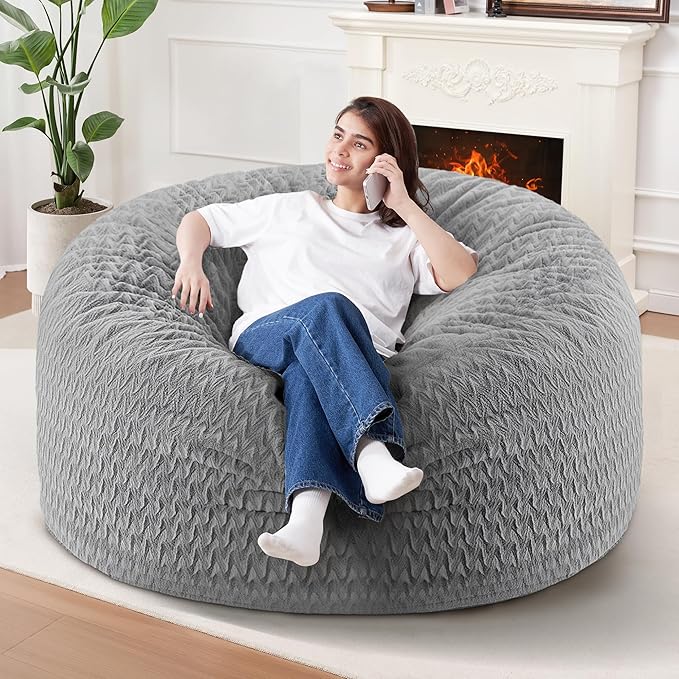 HABUTWAY 4FT Bean Bag Chair,Giant Bean Bag Chairs for Adults,Big Bean Bags with Memory Foam Filled, Large Beanbag Chairs with Chevron Plush Cover-Grey