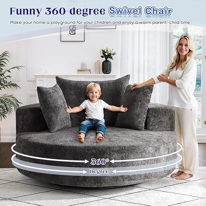 Oversized Round Swivel Chaise Longue Chair Indoor, Modern 55-inch 360 Degree Swivel Upholstered Waffle Chenille Deep Seat Circle Single Cloud Sofa Chair for Living Room Bedroom Apartment Office, Black