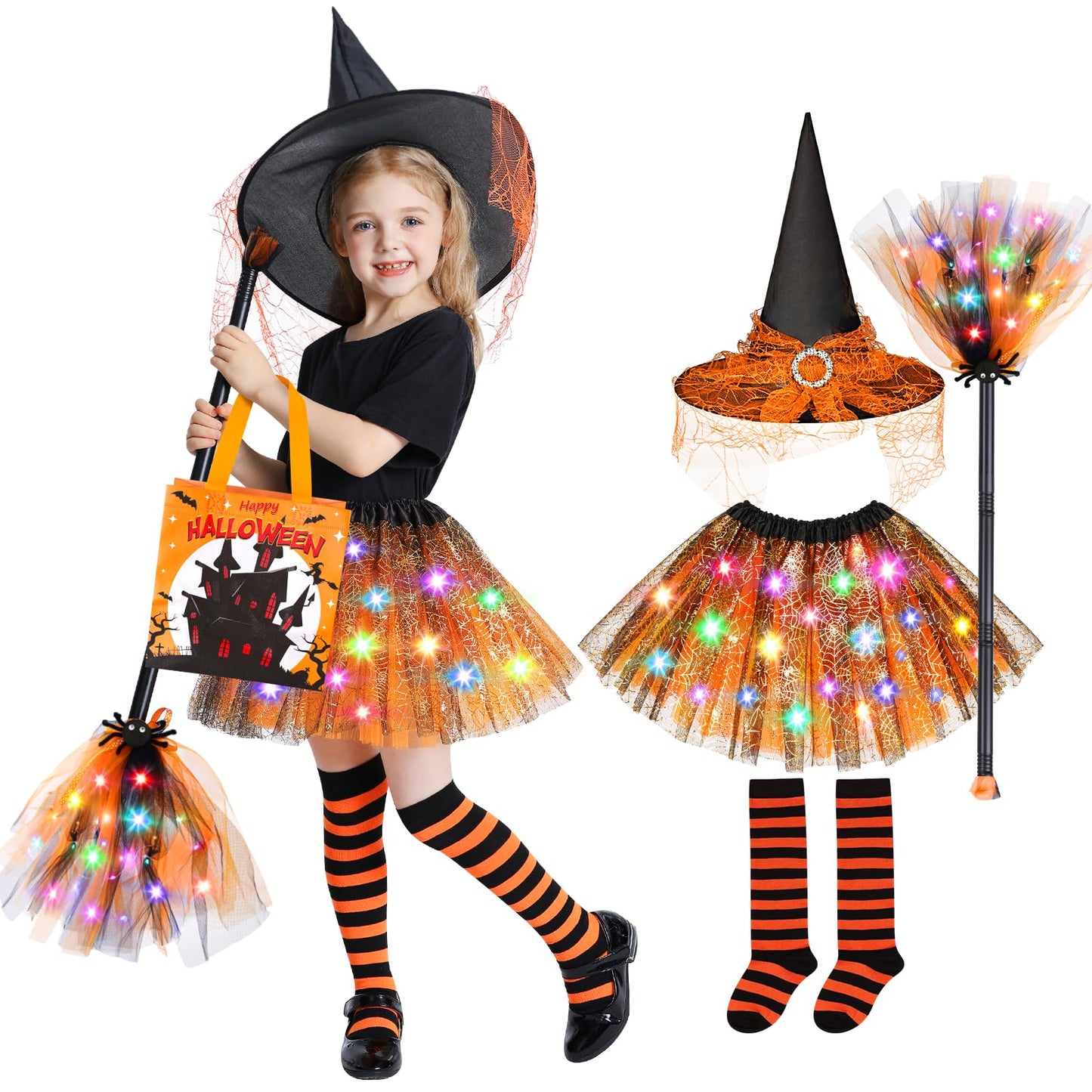 Jeowoqao Girls Halloween Dress up，Light up Witch Costume for Girls, Witch Skirt Broom Hat Treat Bag for Toddler Aged 3 4 5 6