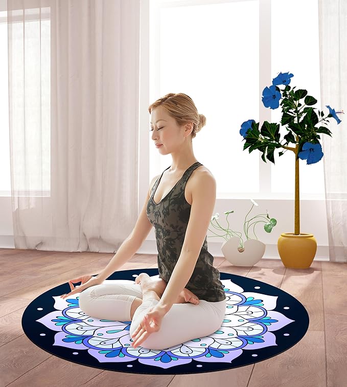 nuveti Large Meditation Mat Round Yoga Mat Pilates Yoga Mat 3.5mm Thick Natural Tree Rubber Base Non Slip, Extra Thick Grip. Thicker, Longer, and Wider for More Comfort and Support（55''x55''）