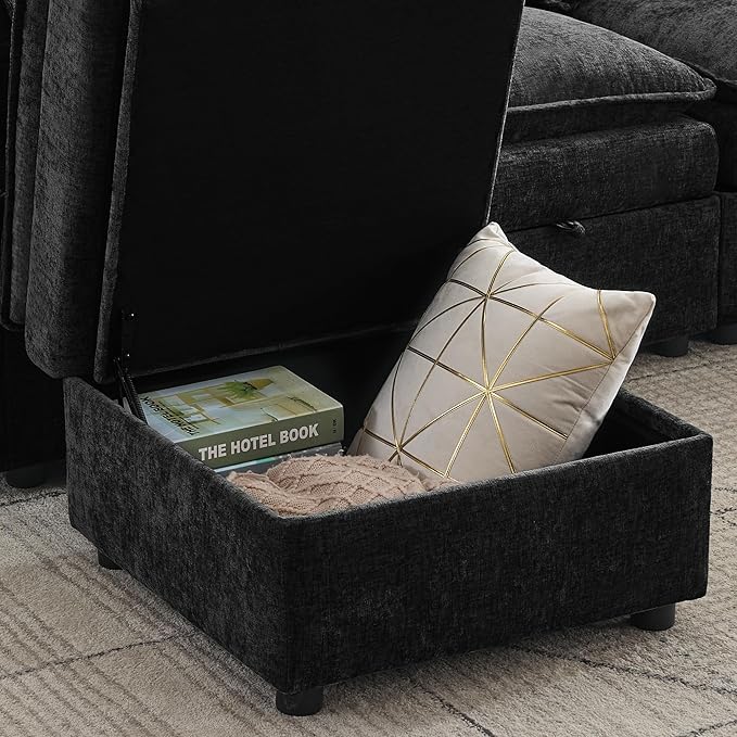 27" Cloud Sectional Modular Couch Ottoman with Storage, Upholstered Footrest with Anti-Slip Legs Large, Chenille Square Ottoman for Living Room, Bedroom, Entryway, Black