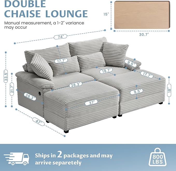 SUNWAVE 74" W Double Chaise Lounge Chair Indoor, Oversized Loveseat with Storage Ottoman, Corduroy Couch with USB Charging, Removable Ottoman, and Coffee Table Cushions for Living Room, Apartment