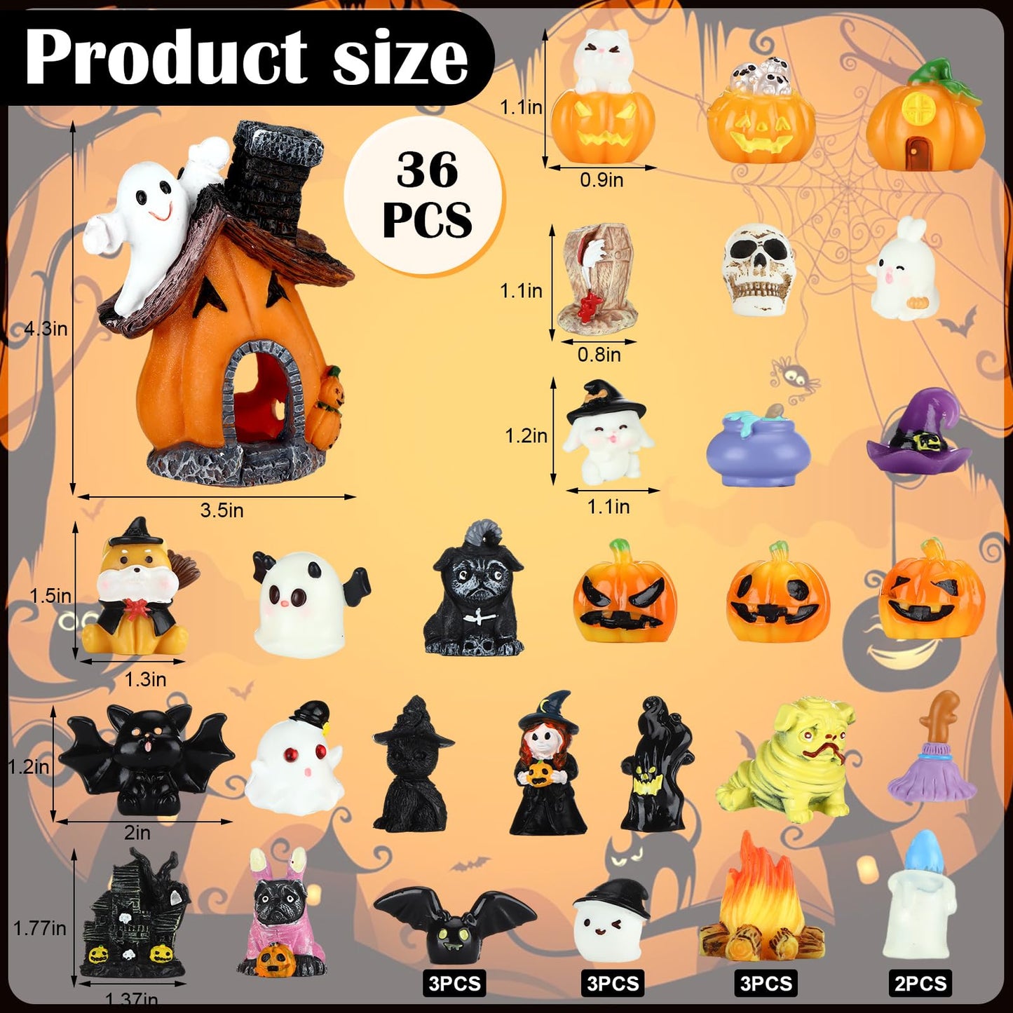 Poen 36 Pcs Halloween Miniature Figurines Resin Pumpkin Ghost Halloween Garden Accessories Miniature Decoration Ornament Kit for Outdoor Kitchen House Village Home