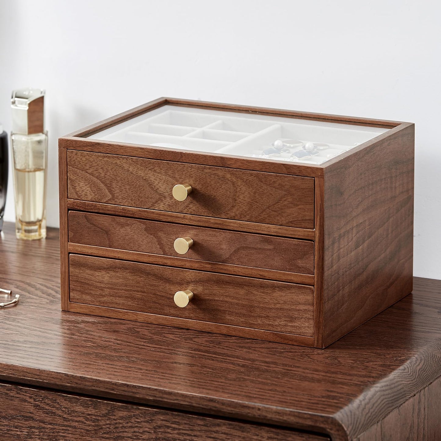 Homruilink Black Walnut Wooden Jewelry Box Women large 3 Layer Drawer Organizer Box with Glass Lid for Necklaces, Watch, Necklace, Ring, Earring Storage, Ideal Gift