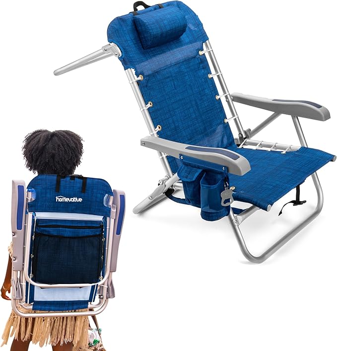 Homevative Backpack Fold-Up Beach Chair, 5 Positions, Towel bar, Cooler, Storage Pouch, Cup Holder and Phone Pocket
