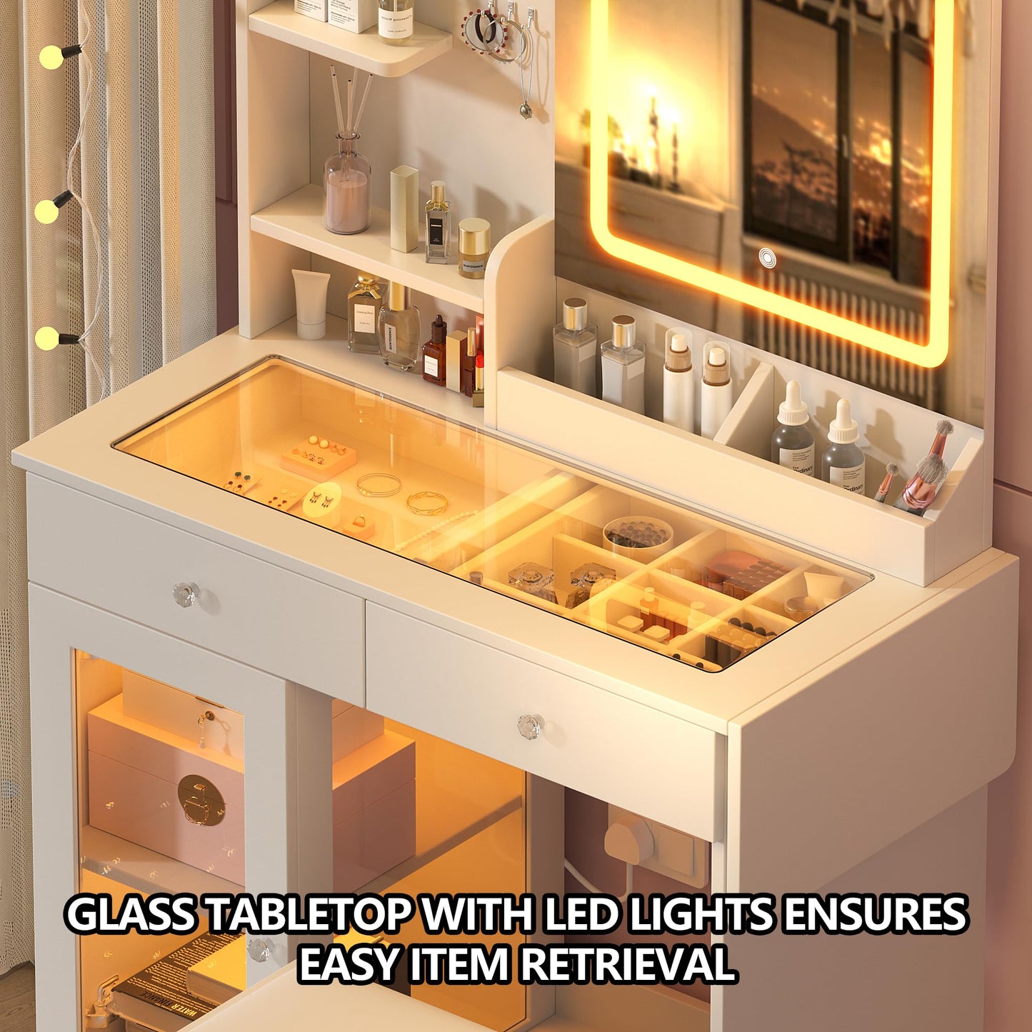Furnistar Vanity Desk with 3-Colors LED Lights-Mirror and Stool Vanity Set with Power Strip Makeup Vanity with one Cabinet and Two Drawers Dressing Table Set for Women White