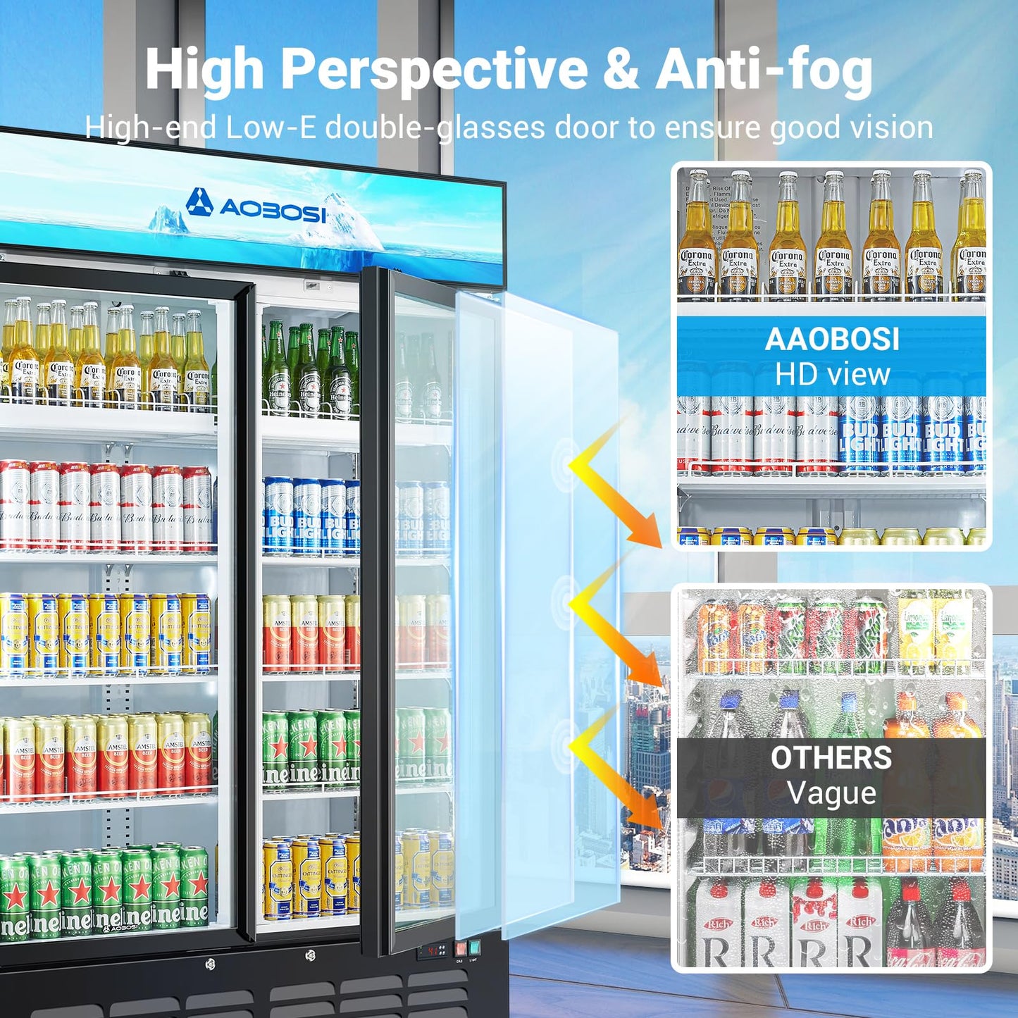 AAOBOSI 50" Wide Commercial Merchandiser Refrigerator,36.8 Cu.Ft Glass Door Display Refrigerator,Upright Beverage Fridge with Soft LED Light,Customizable Lightbox,Universal Casters, Adjustable Shelves