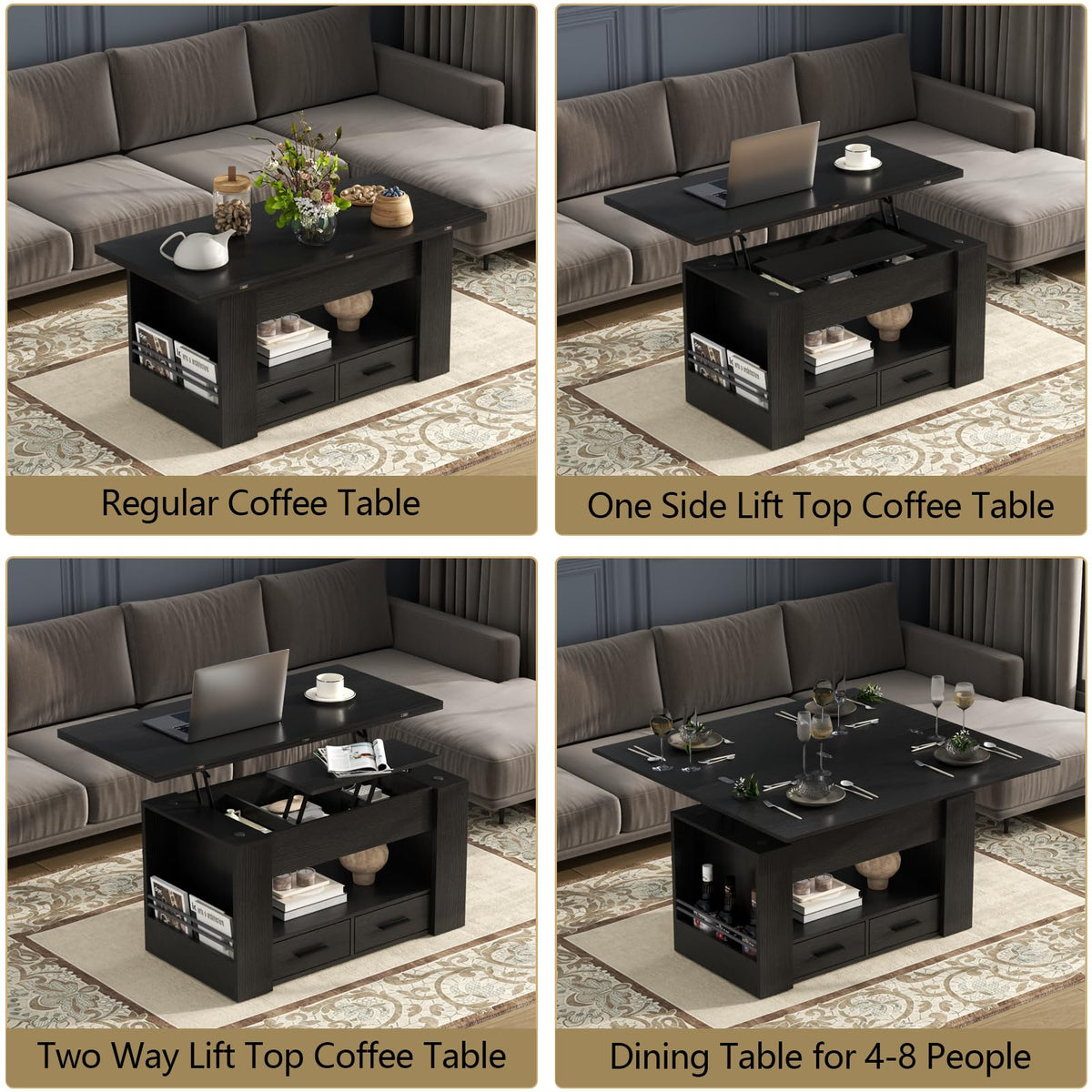 Lift Top Coffee Table, 4 in 1 Multi-Function Coffee Table with Storage Shelf and Hidden Compartment, Center Table with Large Drawers, Converts to Dining Table for Living Room, Home Office (Black)