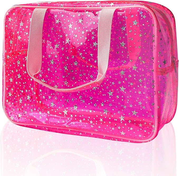 TotePrint Hot Pink Star Large Cosmetic Bag 12x5x8 inch Travel Pouch with Handle,Durable PVC Material,Zipper Design-Ideal f...