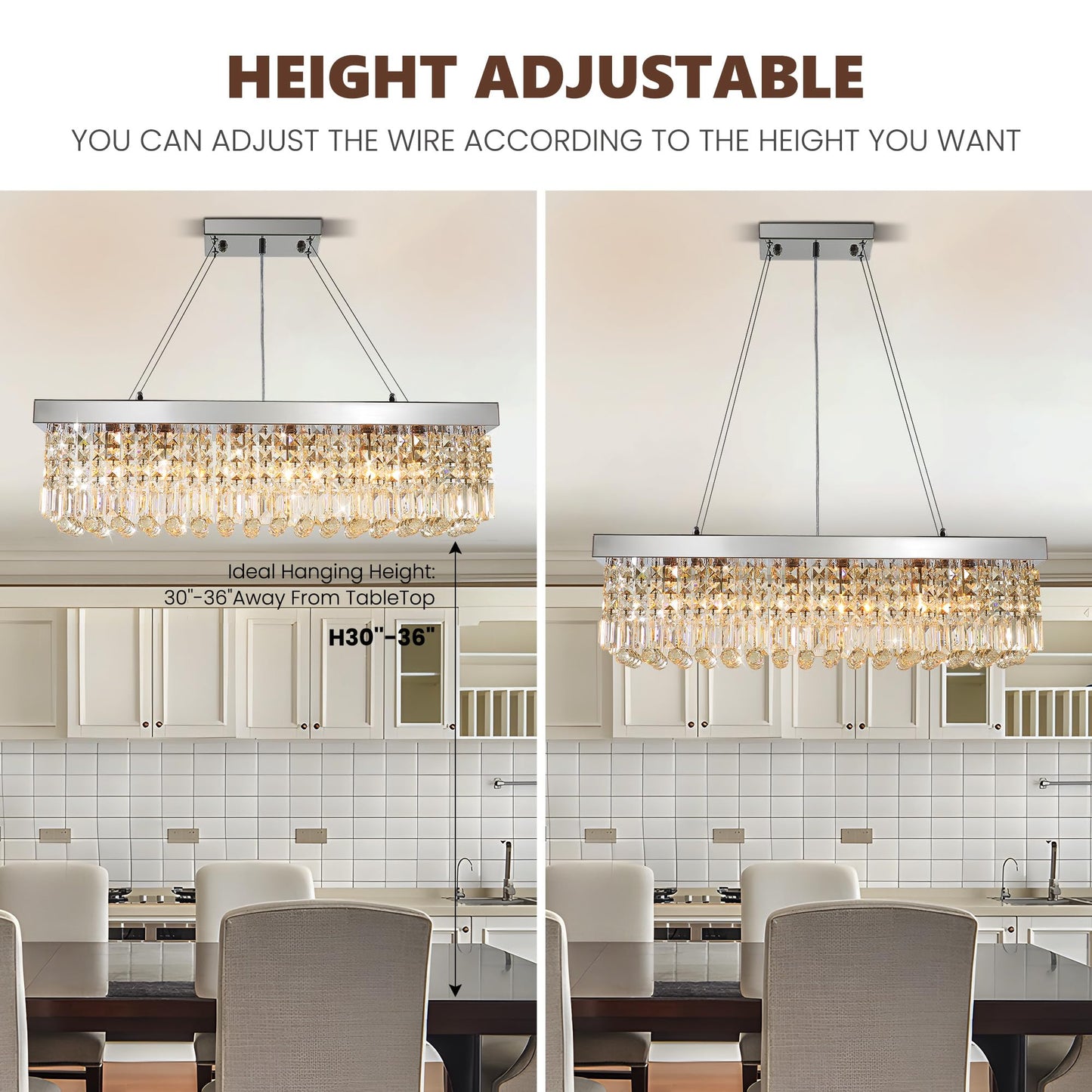 Tinkoso Crystal Chandelier for Dining Room 39.3" Modern Gold K9 Crystal Rectangle Chandeliers Flush Mount Pendant Light Fixture Kitchen Island Bar Dining Room Bedroom Bathroom Hotel