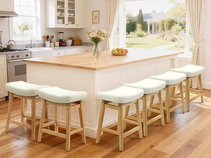 RNKSFX Counter Height Bar Stools Set of 6 for Kitchen Counter Backless Farmhouse Kitchen Island Barstools with Upholstered Faux Leather Saddle Seat and Solid Wood Legs Modern 24 inch Bar Chairs, White