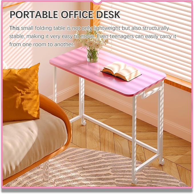 4NM 27.5" Mobile Small Rolling Computer Desk, Folding Laptop Cart Table with Wheels, Portable Office Desk for Small Space Couch Bed - Pink and White
