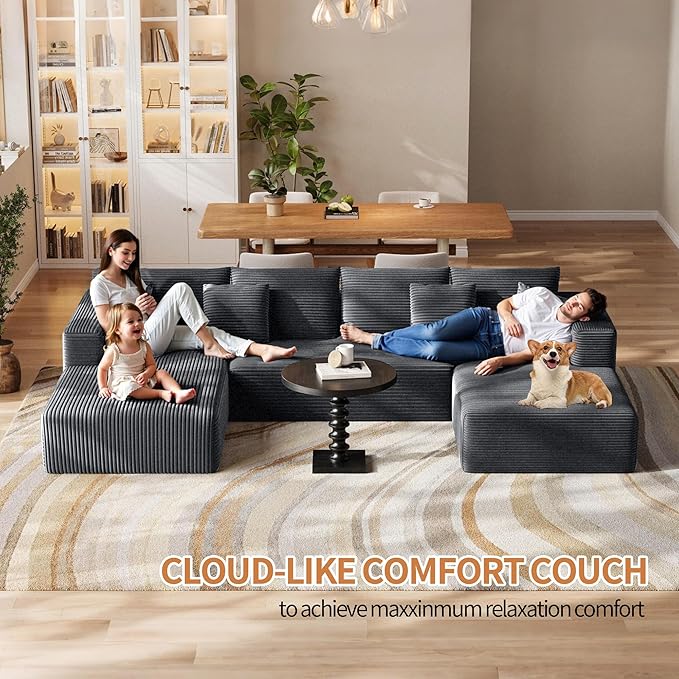 Fancyfire 134.6" Cloud Modular Sectional Couch with Chaise and Pillows,Ultimate Comfort U-Shaped Deep Seat Sofa,Boneless Couch Upholstered 3-Seater Sofas for Living Room, No Assembly Required(Grey)