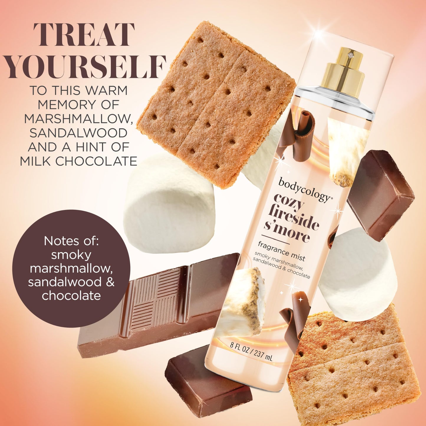 Bodycology Long-Lasting Fragrance Body Mist, Cozy Fireside S'more, 8 Fl Oz, Perfect for Daily Use, Refreshing Scent