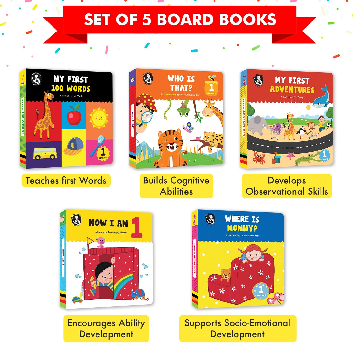 Madame Curie’s My 1 Year Old Library Set of 5 | Baby Toys, for Ages 12-18-24 Months | Best Toddler Board Books | Birthday Gift Ideas for Newborn Girl & Boy, Infant Toys