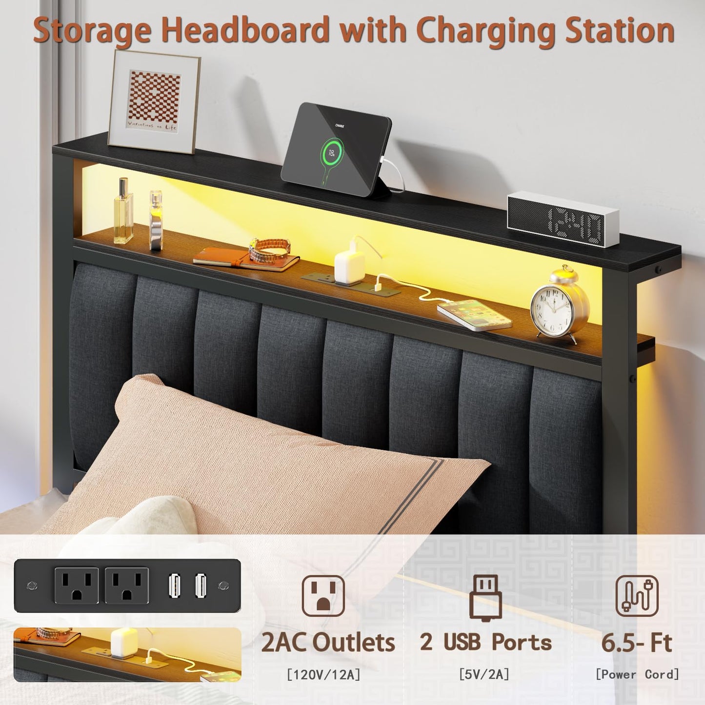 Furnulem Twin Size Bed Frame with Charging Station and LED Lights, Platform Bed with Metal Slats, Grey Upholstered Headboard with 2-Tier Storage Shelves, No Box Spring Needed