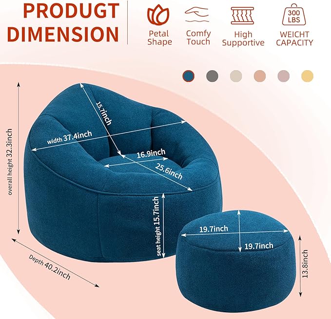 Bean Bag Chairs, Gaint Bean Bag Couch with Memory Foam for Adults and Kids, Microfiber Upholstered Sofa with Ottoman, Comfy Lazy Bean Bag Reading Chair for Living Room