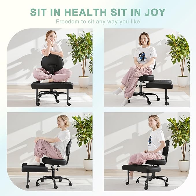 GUNJI Ergonomic Criss Cross Legged Office Chair, 360° Swivel Meditation Kneeling Chair with Wheels, ADHD Chair with Footrest, Lumbar Support, Wider Height Adjustable Seat (Faux Leather, Black)