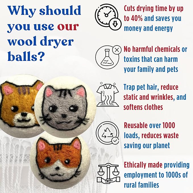 Wool Dryer Balls Organic Premium | 6 Balls XL, Ethically & Humanely Made, Natural Fabric Softener, Laundry Dryer Balls Reusable, Wrinkle Release, Organic Fabric Softener Ball, Say No! to Dryer Sheets